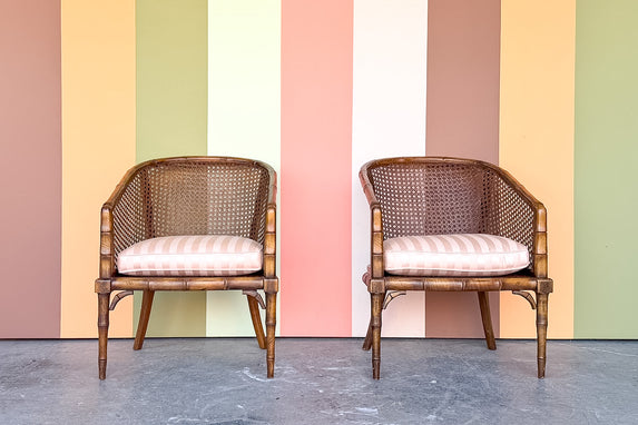 Pair of Handsome Faux Bamboo Cane Barrel Chairs