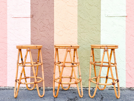 Set of Three Old Florida Cane and Rattan Bar Stools