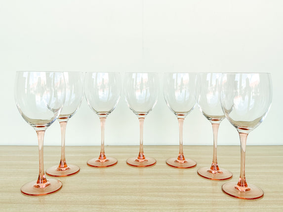 Set of Six Pink Stem Wine Glasses