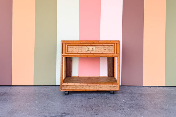 Old Florida Rattan Wrapped Nightstand on Casters