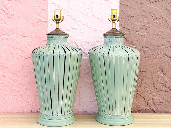 Pair of Seafoam Basket Lamps