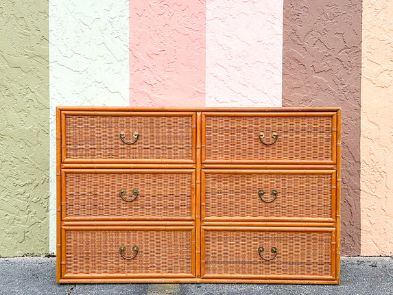 Rattan Wrapped Faux Bamboo Double Dresser