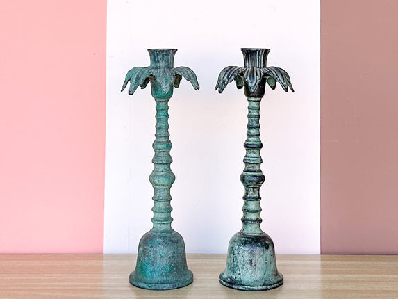 Pair of Palm Tree Patina Candle Holders