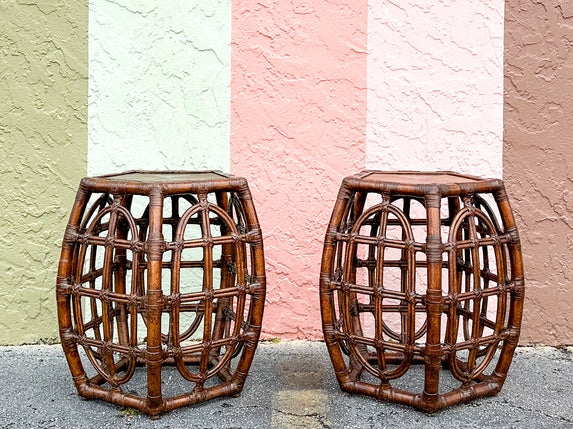 Pair of West Indies Style Rattan Side Tables