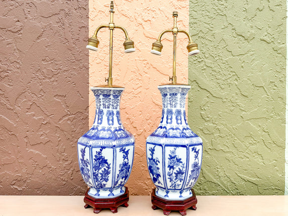 Pair of Blue and White Chinoiserie Lamps