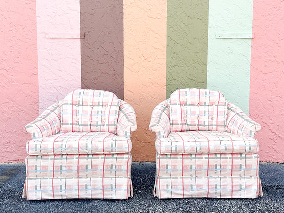 Pair of Palm Beachy Upholstered Barrel Chairs
