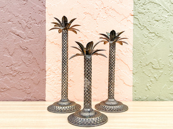 Set of Three Metal Palm Tree Candlesticks