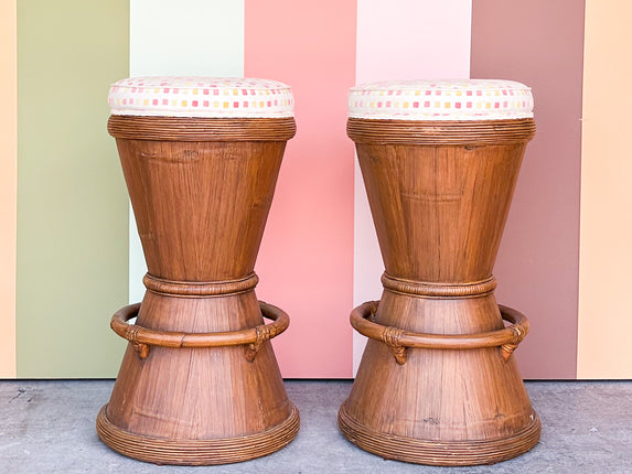 Pair of Island Style Rattan Barrel Bar Stools
