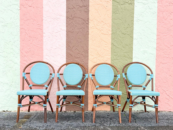Set of Four Turquoise Rattan Bistro Chairs