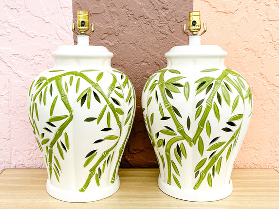 Pair of Pierced Green Faux Bamboo Lamps