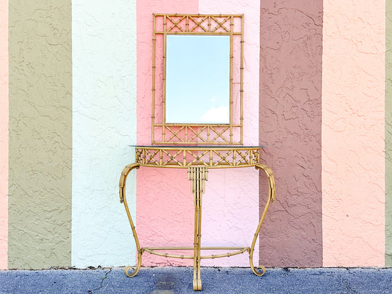 Metal Faux Bamboo Mirror and Demilune