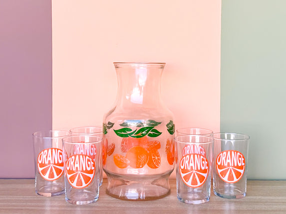 Set of Six Orange Juice Glasses and Pitcher