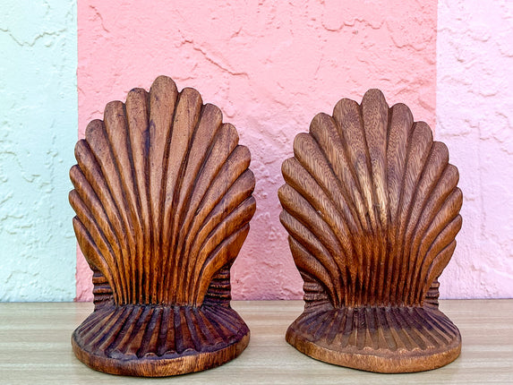 Wood Carved Shell Bookends