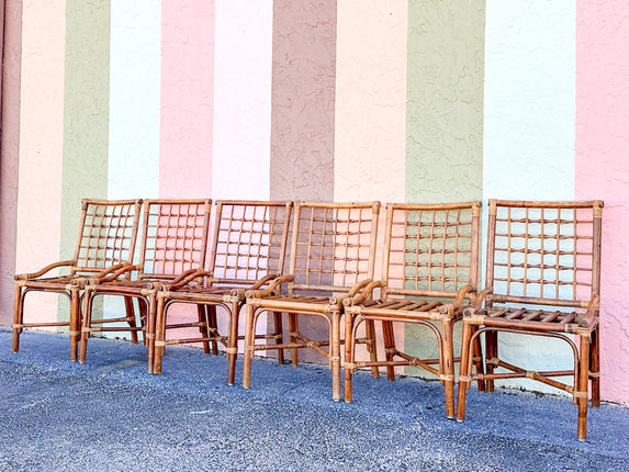 Set of Six Grid Back Rattan Dining Chairs