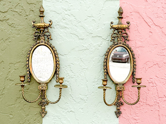 Pair of Brass Mirrored Wall Sconces