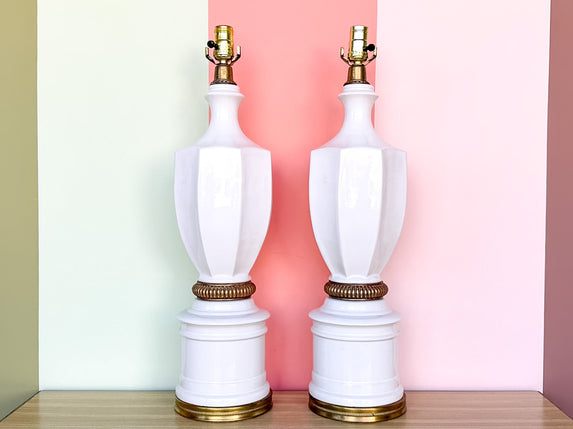Pair of White Ceramic and Brass Urn Lamps