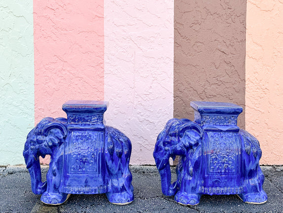 Pair of Royal Blue Ceramic Elephants
