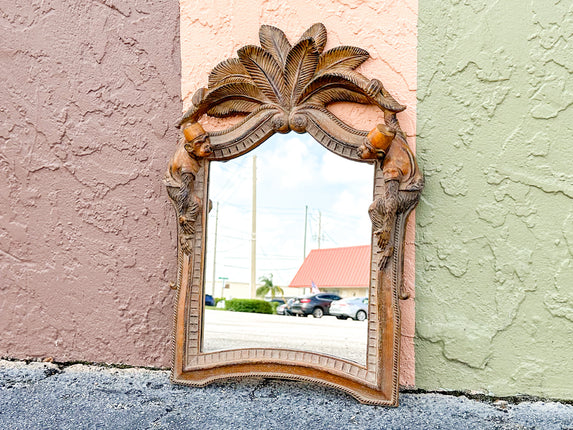 Wood Carved Palm and Monkey Mirror