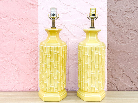Pair of Sunshine Yellow Faux Bamboo Lamps