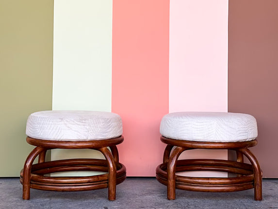 Pair of Cute Upholstered Rattan Ottomans