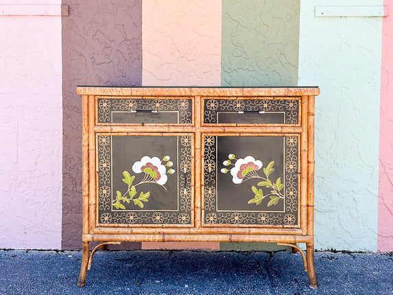 Hand Painted Tortoiseshell Rattan Credenza