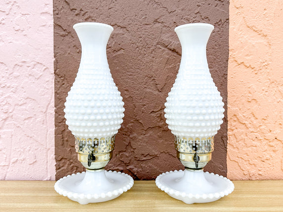 Pair of Hobnail Hurricane Lamps