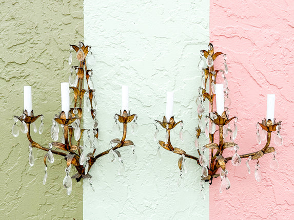 Pair of Italian Roche Style Sconces with Crystals