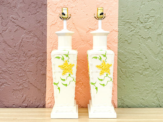 Pair of Yellow Floral Faux Bamboo Lamps