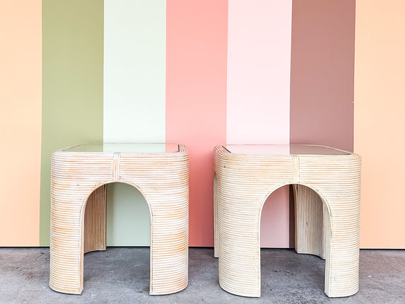 Pair of Coastal Pencil Reed Rattan Side Tables