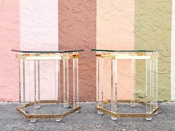 Pair of Charles Hollis Jones Style Brass and Lucite Side Tables