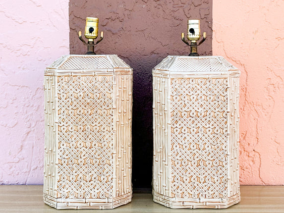 Pair of Fab Faux Bamboo Ceramic Lamps