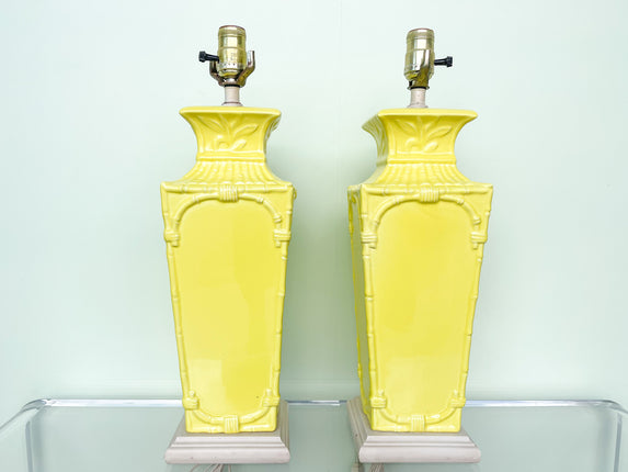 Pair of Happy Yellow Faux Bamboo Lamps