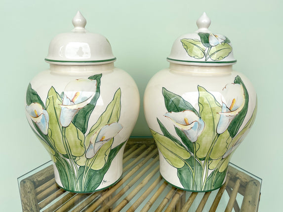 Pair of Hand Painted Italian Lily Ginger Jars