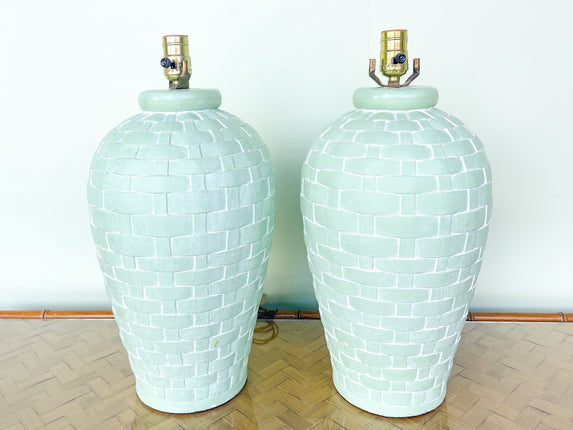 Pair of Plaster Seafoam Basket Weave Lamps