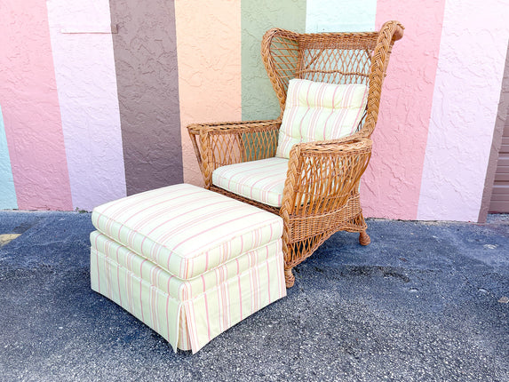 Island Chic Braided Rattan Wingback Chair and Ottoman