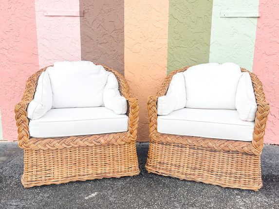 Pair of Braided Rattan Lounge Chairs