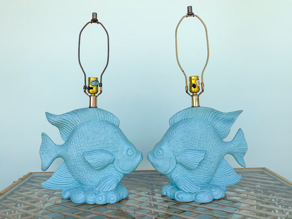 Pair of Kissing Fish Plaster Lamps