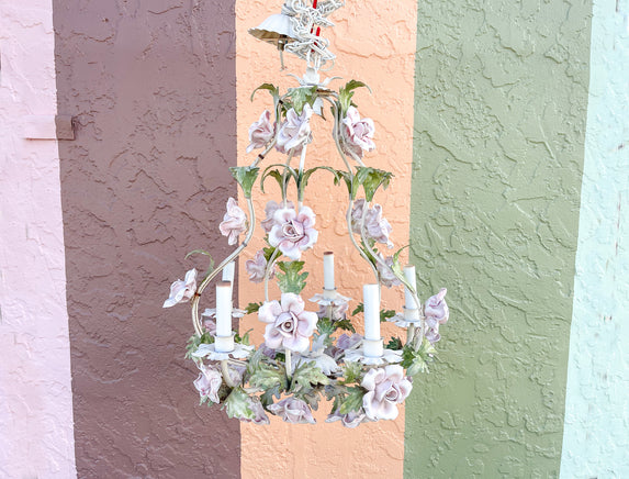 Pink Porcelain Rose Tole Chandelier