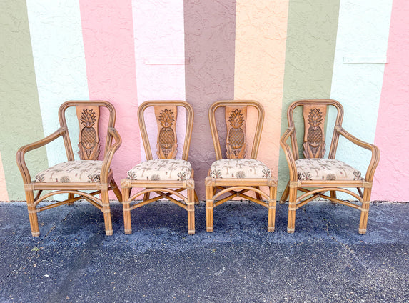 Set of Four Wood Carved Pineapple Dining Chairs