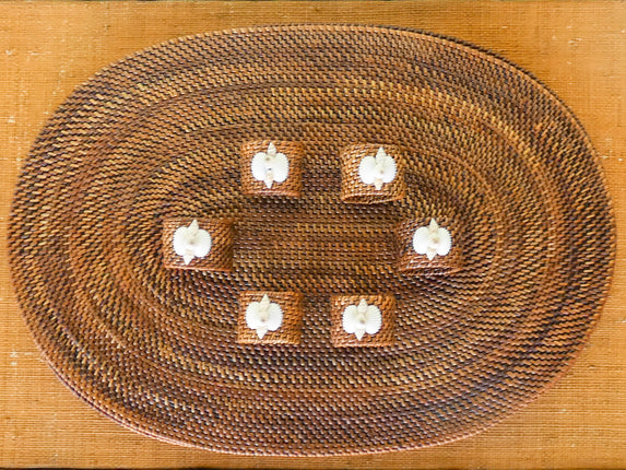 Set of Six Rattan Placemats and Shell Napkin Rings