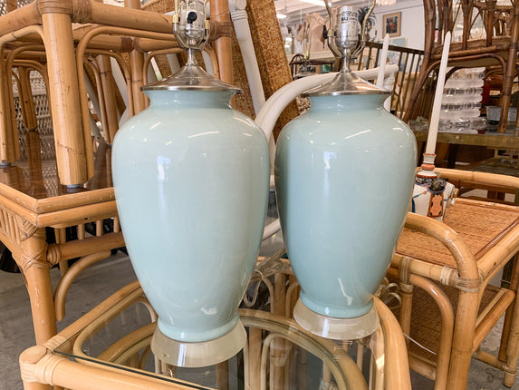 Pair of Sky Blue Lamps with Lucite Base