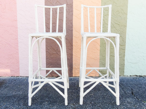 Pair of Old Florida Rattan Bar Stools