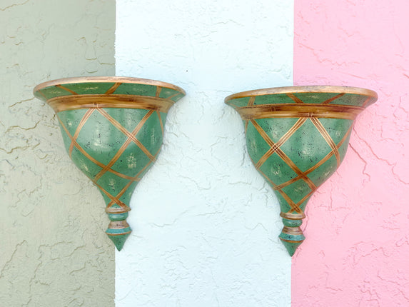 Pair of Celadon Lattice Wall Sconces