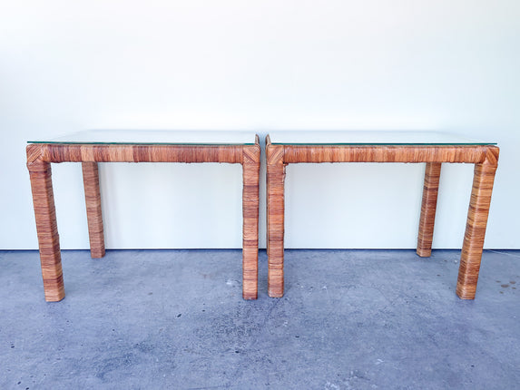 Pair of Island Chic Rattan Wrapped Side Tables