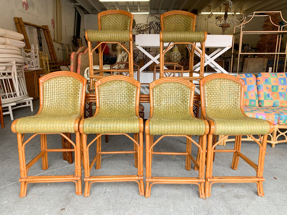 Set of Six Rattan Island Chic Bar Stools