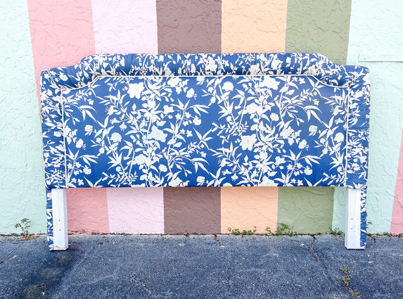 Blue and White Upholstered Pagoda King Headboard