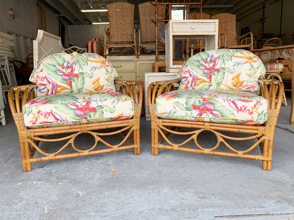 Pair of Rattan Lounge Chairs and Ottoman