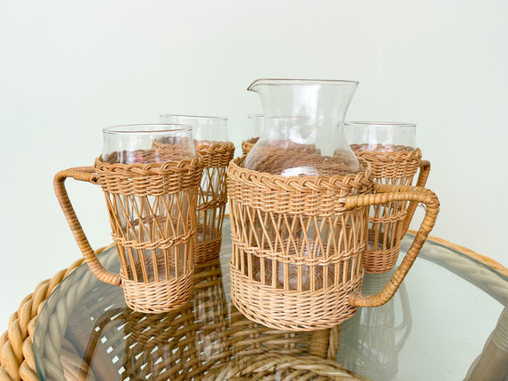 Rattan Pitcher and Set of Four Glasses