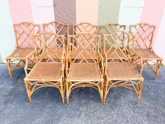 Set of Eight Italian Chippendale Rattan Dining Chairs