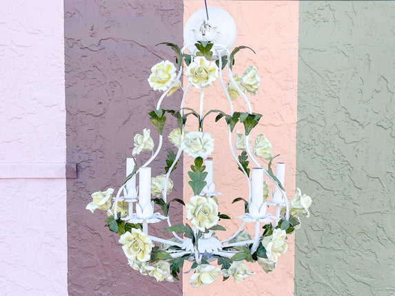 Sweet Yellow Rose Porcelain Tole Chandelier